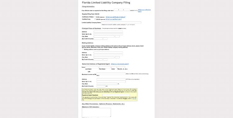 An image of the online LLC filing form for the state of Florida