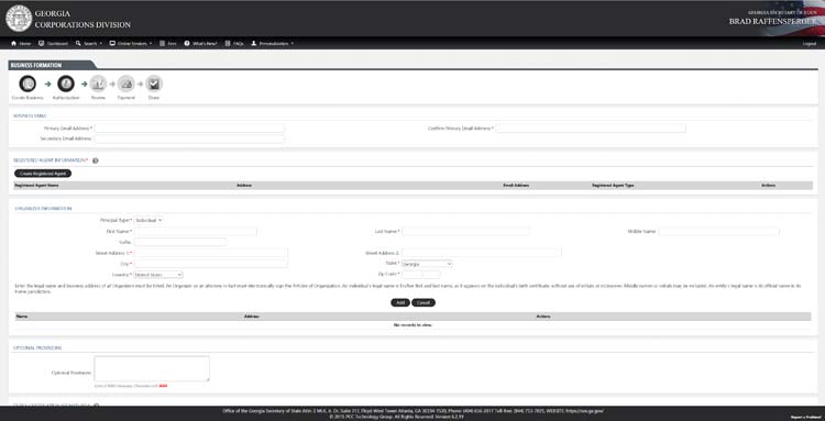 An image of the online LLC filing form for the state of Georgia