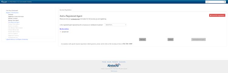 An image of the online LLC filing form for the state of Kentucky