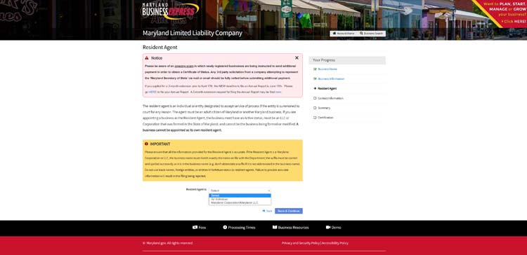 An image of the online LLC filing form for the state of Maryland