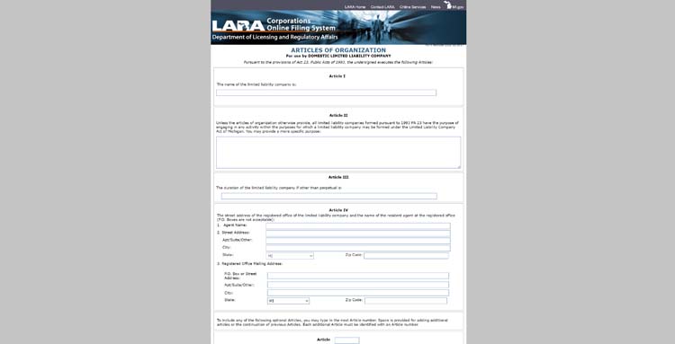 An image of the online LLC filing form for the state of Michigan