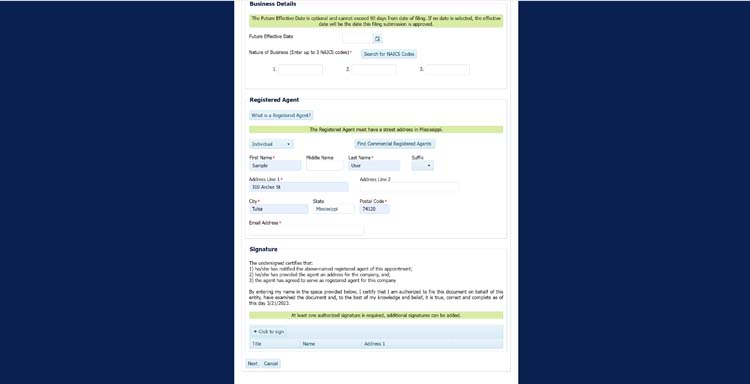 An image of the online LLC filing form for the state of Mississippi