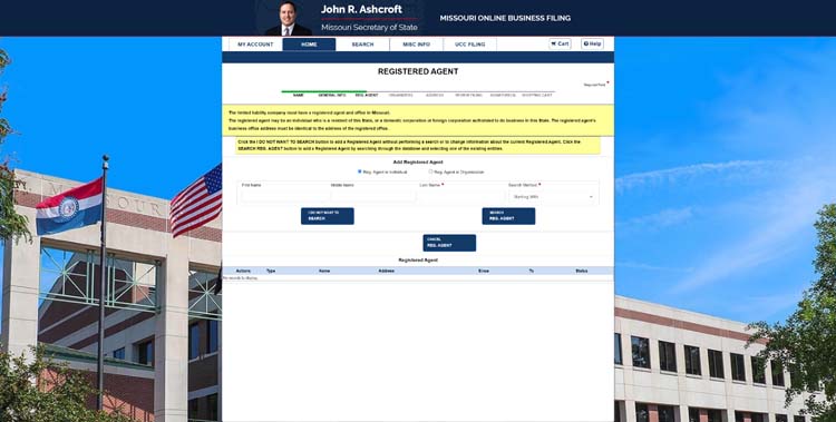 An image of the online LLC filing form for the state of Missouri