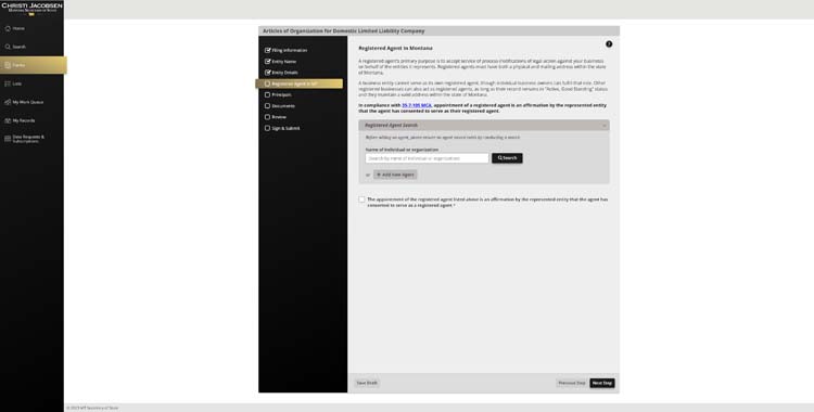 An image of the online LLC filing form for the state of Montana