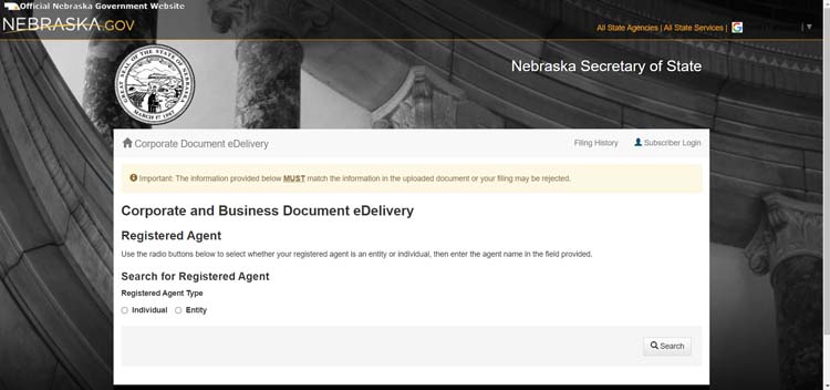 An image of the online LLC filing form for the state of Nebraska