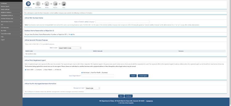 An image of the online LLC filing form for the state of New Hampshire
