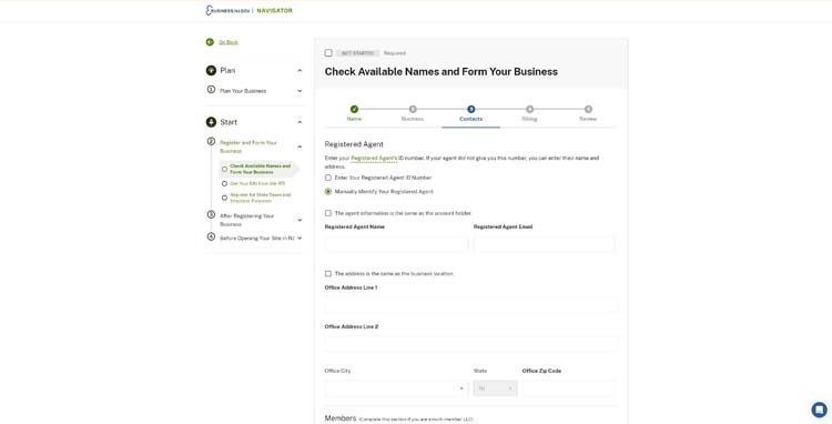 An image of the online LLC filing form for the state of New Jersey