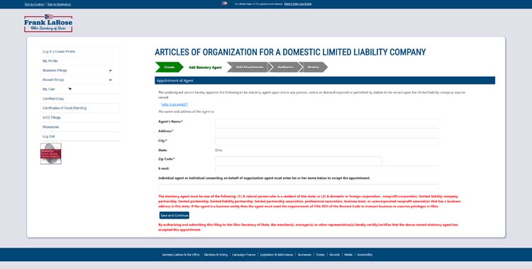 An image of the online LLC filing form for the state of Ohio