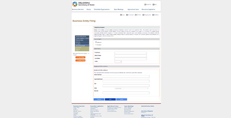 An image of the online LLC filing form for the state of Oklahoma