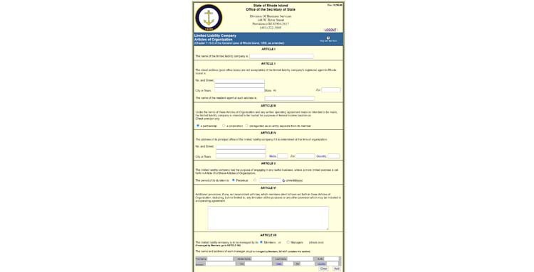 An image of the online LLC filing form for the state of Rhode Island