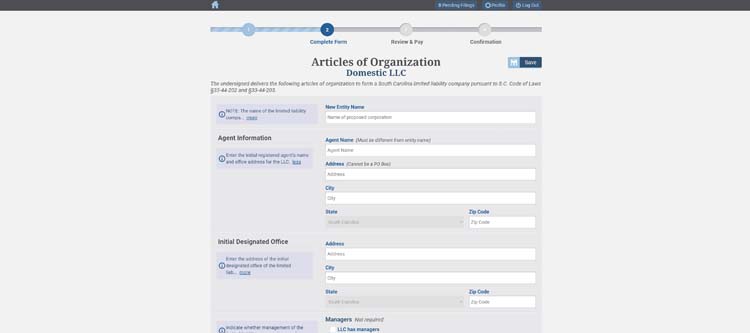 An image of the online LLC filing form for the state of South Carolina