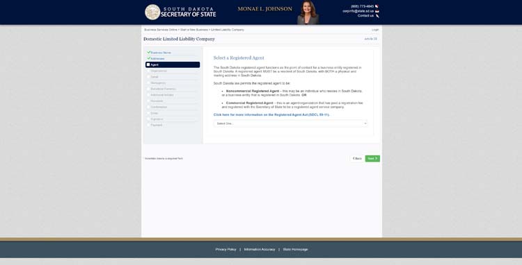 An image of the online LLC filing form for the state of South Dakota