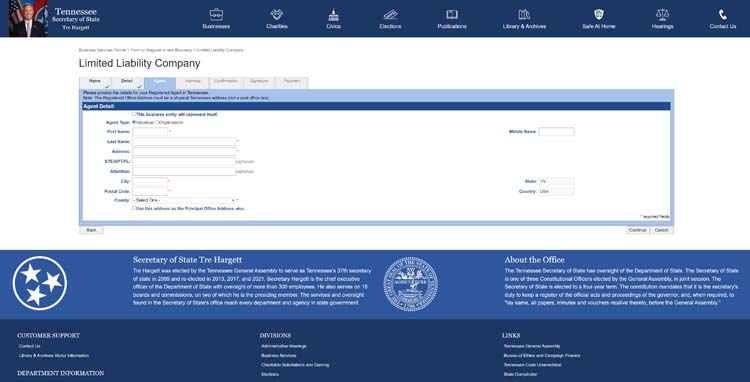 An image of the online LLC filing form for the state of Tennessee