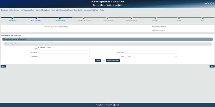 An image of the online LLC filing form for the state of Virginia