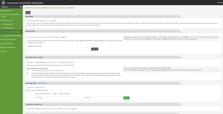 An image of the online LLC filing form for the state of Washington