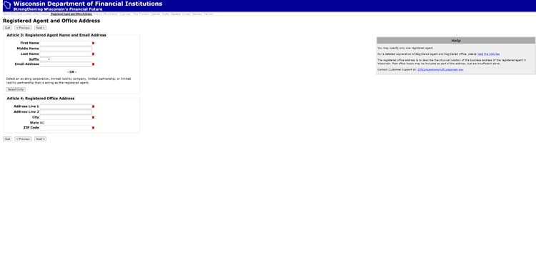 An image of the online LLC filing form for the state of Wisconsin