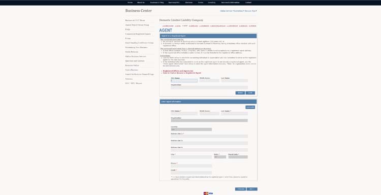 An image of the online LLC filing form for the state of Wyoming