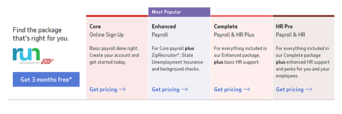 Screenshot of ADP's Plans taken from their website