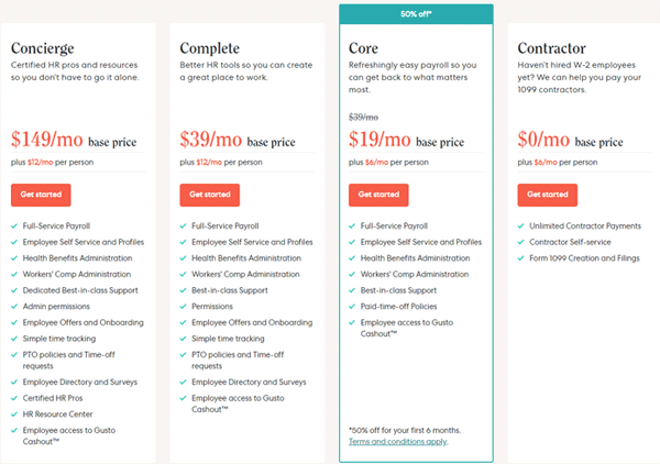 Screenshot of Gusto's pricing taken from their website