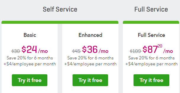 Screenshot of Intuit Quickbooks Payroll pricing taken from their website