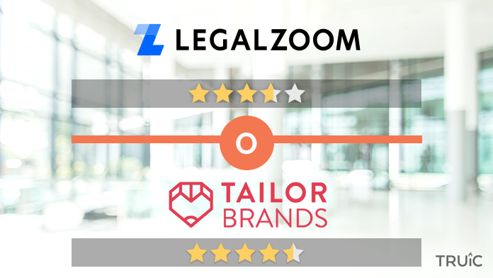 LegalZoom logo above 3.6 stars and Tailor Brands logo above 4.5 stars.