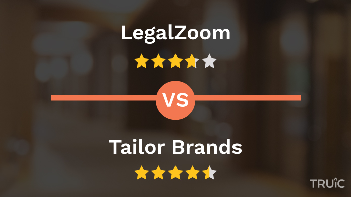 LegalZoom logo above 3.6 stars and Tailor Brands logo above 4.5 stars.