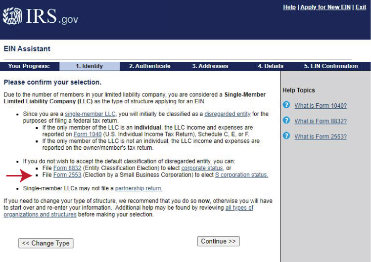 a screenshot of IRS website to choose 2553