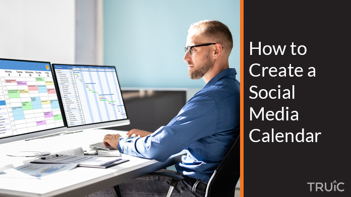 Man at computer creating a social media calendar.