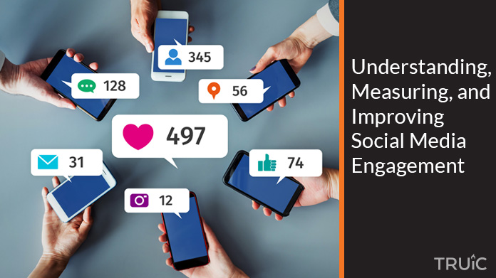 A group of people holding their phones representing social media engagement.